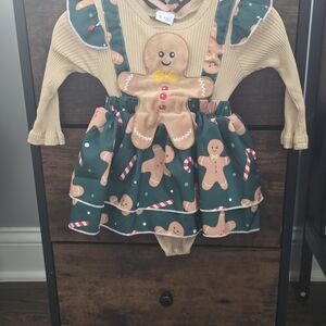 Gingerbread Ruffle Suspender Skirt Baby Outfit - Green & Tan